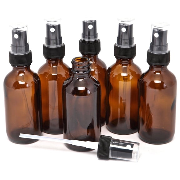 12 Global Amber 4oz Boston Round Glass Bottle Black Spray Fine Ribbed Mist Sprayer