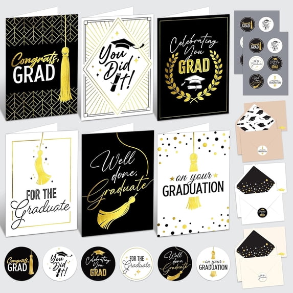12 Gold Foiled 5x7in College Graduation Cards Pack with Envelopes and Stickers, 6 Elegant Designs for Highschool, Middle school Graduates with Printed Message Inside - Gifting, Mailing