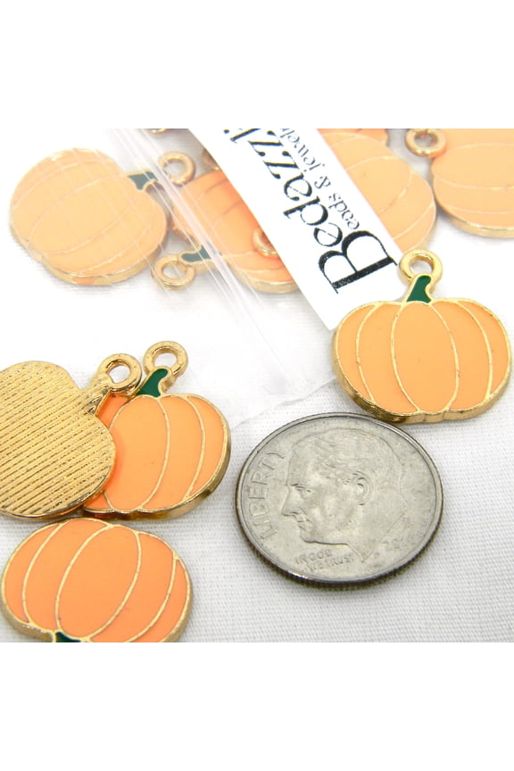 12 Gold Plated & Enamel 3/4 inch Autumn Thanksgiving Pumpkin Charms with Loop (Orange)