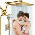 thumbnail image 1 of 12'' Gold Rain Shower Head, High Pressure Rainfall Shower Head with 16 inch Adjustable Extension Arm，Flexible Adjust Height and Angle, 5 Setting Spray Handheld Shower Head, Anti-leak, 1 of 14