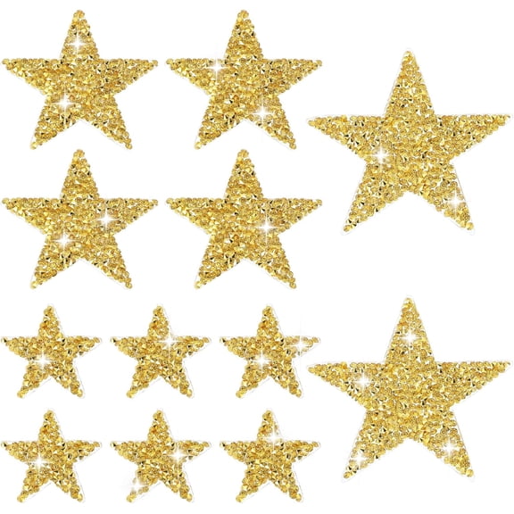 12 Gold Star Iron On Patches Sequin Bling Appliques Adhesive Delicate Repair Ironing Decals Glitter Crystal Vintage Patch for Clothes Jeans Shoes Hat Backpack DIY Craft Decoration