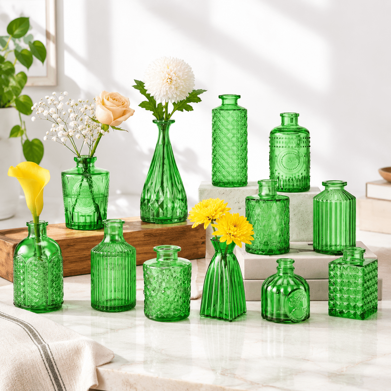 12 Green Bud Vases Set Armber Small Vintglclear Flower Bulk Multiple ...