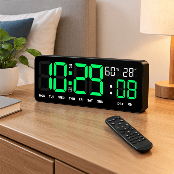 12" Green WiFi Digital Wall Clock with Remote Control Dual Alarms Dimmer Auto DST