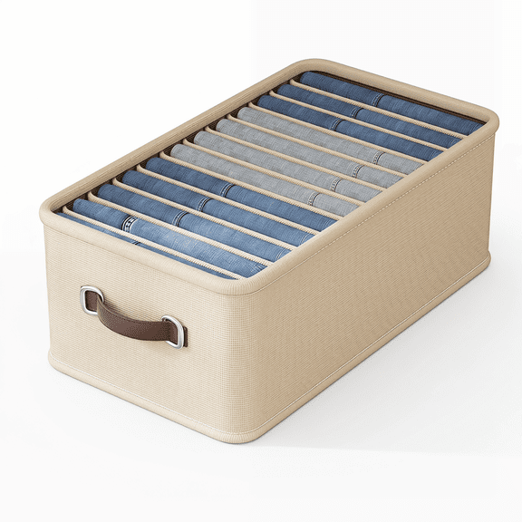 12-Grid Pants Storage Box for Closet for Folded Clothes, Foldable Drawer Dividers for Jeans and Leggings, 17"x 10"x 7" Wardrobe Clothes Organizer, Beige