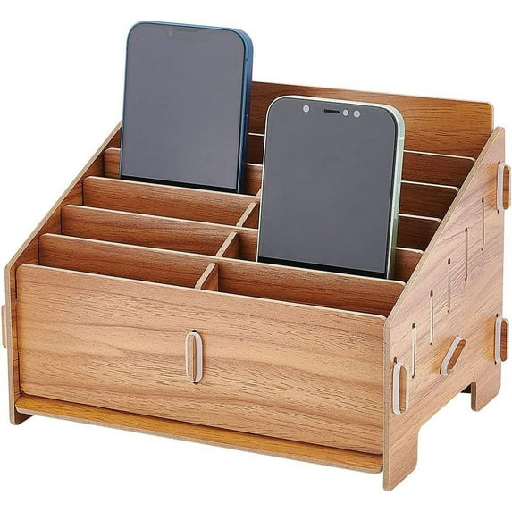 12-Grid Wooden Cell Phone Holder Desktop Storage Box Mobile Phone Management Storage Box Desk Organizer for Teachers Classroom Office 22x15.5x15.5cm BurlyWood DIY Making
