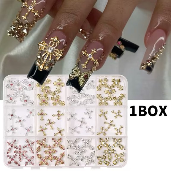 12 Grid Y2K Cross 3D Nail Rhinestones, Punk Gothic Alloy Nail Art Decoration Set