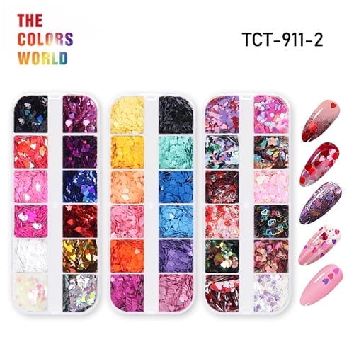 12 Grids Heart Glitter 3 Box/set Heart Shape Sequins Glitter For Manicure Nail Art Design Make Up DIY Decals Decoration