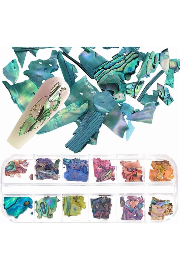 12 Grids Nail Art Aurora Abalone Shell Pieces Colorful Art Glitter Sequins Irregular Iridescent Beach 3D Charm Seashell Sparkly Slices Holographic Nail Flakes for DIY