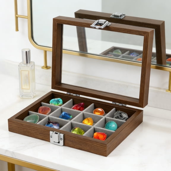 12 Grids Rock Display Case Wooden Rock Collection Box with Clear Glass Lid Storage Display Boxes for Collectibles Gemstone Fossil Crystal Stone Jewellery