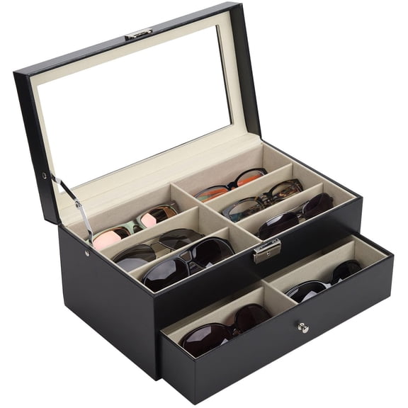 12 Grids Sunglass Organizer Leather Eyeglasses Collector Double-Layer Eyewear Display Case Lockable Storage Box, Black