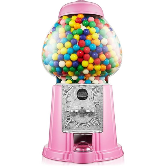 12" Gumball Machine with Glass Globe and Metal Base - Pink, Vintage-Style Bubble Gum Candy Dispenser