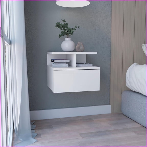 12"H Modern White Floating Nightstand - Wall Mounted 1 Drawer 2-Tier Shelf