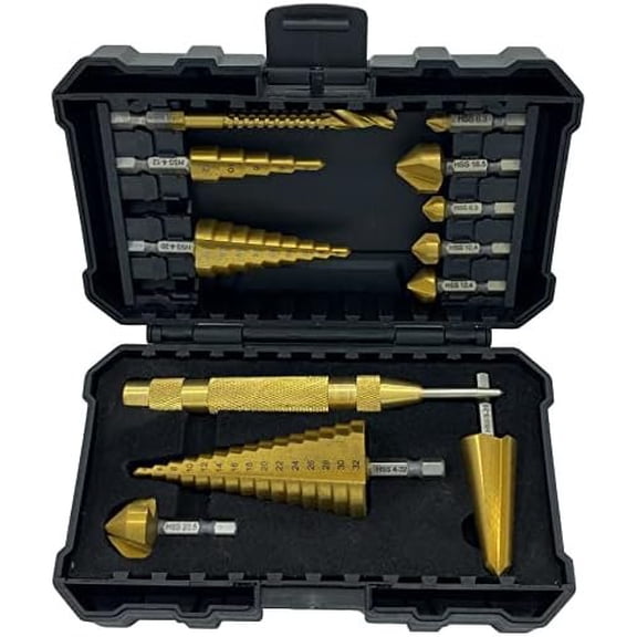 12- HSS Titanium Metric Step, Countersink, Cone Drills with 1/4" Hex Shank, Multi Drill & Automatic Center Punch Set in Storage Case