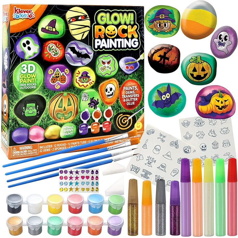 12 Halloween Rock Painting Kit, Glow in the Dark Rock Painting with 12  Paint Tubs for Kids Unisex
