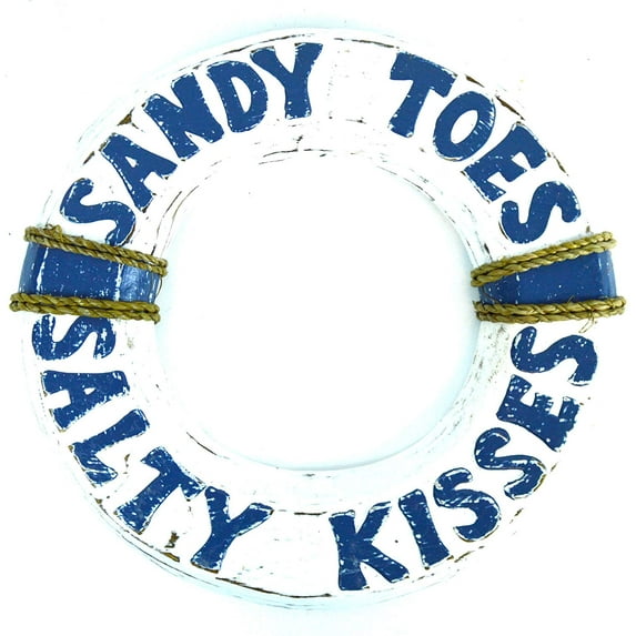 12" Hand Carved Lifesaver Buoy Sandy Toes Salty Kisses Cute Sign White Wash