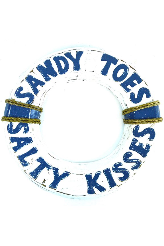 12" Hand Carved Lifesaver Buoy Sandy Toes Salty Kisses Cute Sign White Wash