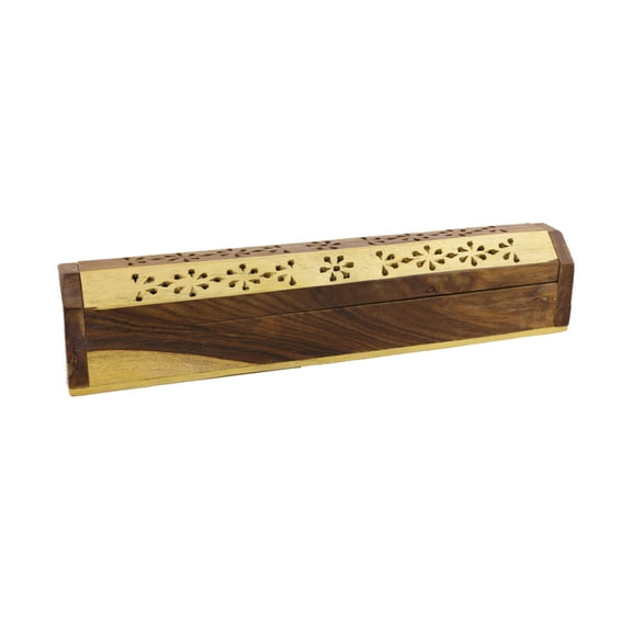 12" Hand Carved Wooden Incense Coffin Box Floral
