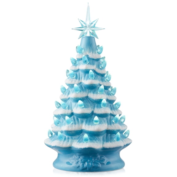 12" Hand Painted Ceramic Christmas Tree - Blue Snow Flocked, 100 Multi-Color Lights, 2 Star Toppers
