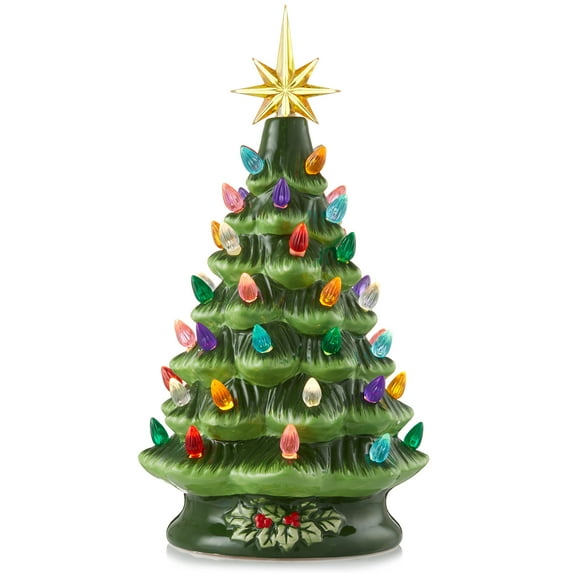 12" Hand Painted Ceramic Christmas Tree, Green Pre-Lit Tree, 100 Multi-Color Lights, 2 Star Toppers
