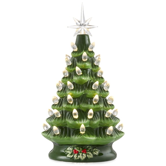 12" Hand Painted Ceramic Christmas Tree, Green Pre-Lit Tree, 100 Multi-Color Lights, 2 Star Toppers