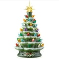 thumbnail image 1 of 12" Hand Painted Ceramic Christmas Tree - Green Snow Flocked, 100 Multi-Color Lights, 2 Star Toppers, 1 of 6