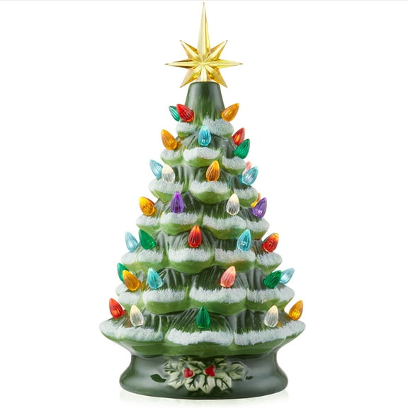 12" Hand Painted Ceramic Christmas Tree - Green Snow Flocked, 100 Multi-Color Lights, 2 Star Toppers