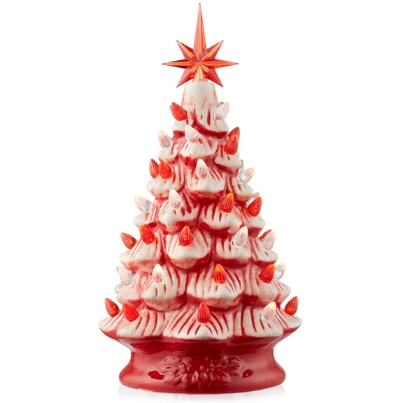 12" Hand Painted Ceramic Christmas Tree - Peppermint 100 Multi-Color Lights, 2 Star Toppers