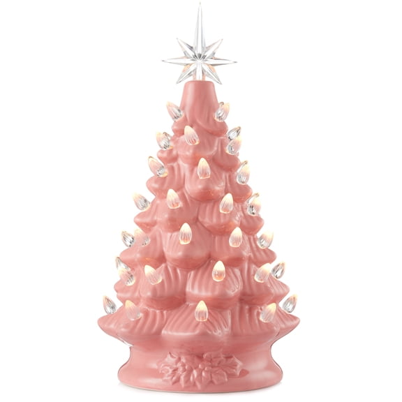 12" Hand Painted Ceramic Christmas Tree, Pink Pre-Lit Tree, 100 Multi-Color Lights, 2 Star Toppers