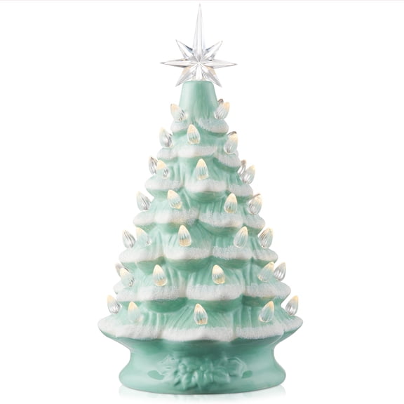 12" Hand Painted Ceramic Christmas Tree - Seafoam Snow Flocked, 100 Multi-Color Lights, 2 Star Toppers