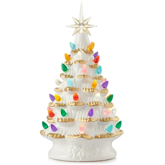 12" Hand Painted Ceramic Christmas Tree, White Pre-Lit Tree, 100 Multi-Color Lights, 2 Star Toppers