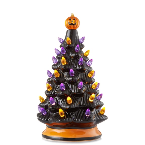 12" Hand-Painted Ceramic Halloween Tree, 100 Multi-Color Lights, Jack-O-Lantern, 2 Star Toppers