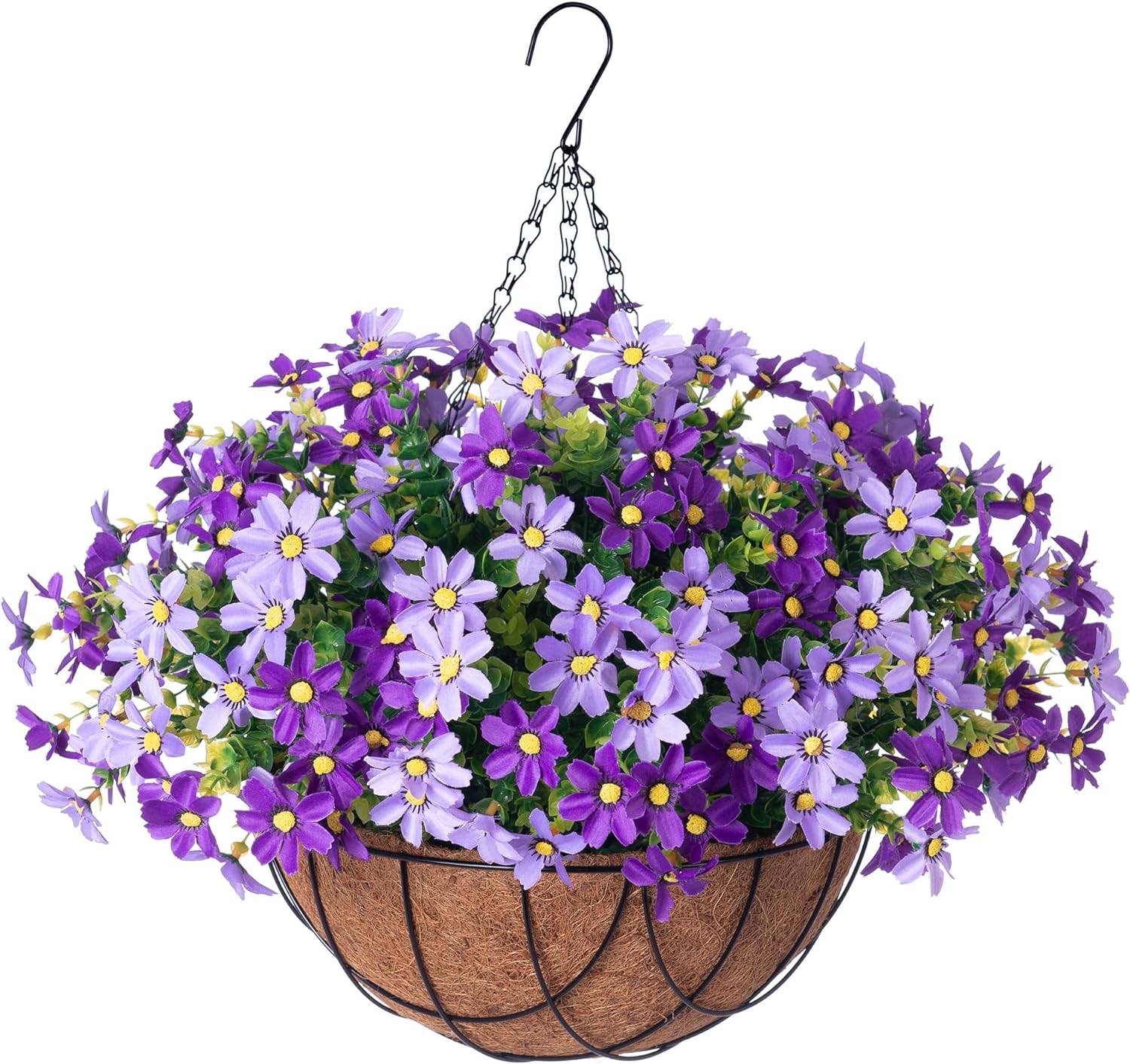 12" Hanging Planter with Artificial Silk Daisy Flowers for Outdoor Decor, Faux Silk Flower UV Resistant Plants in Basket for Indoor Porch Garden Yard Spring Summer Decor(Rose Yellow)