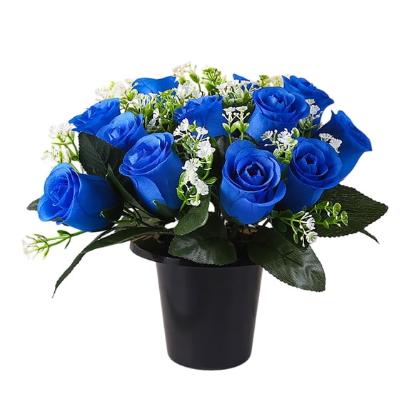 12 Heads Artificial Roses In Pot Cemetery Decoration Outdoor Memorial Flowers For Grave Weather Resistant