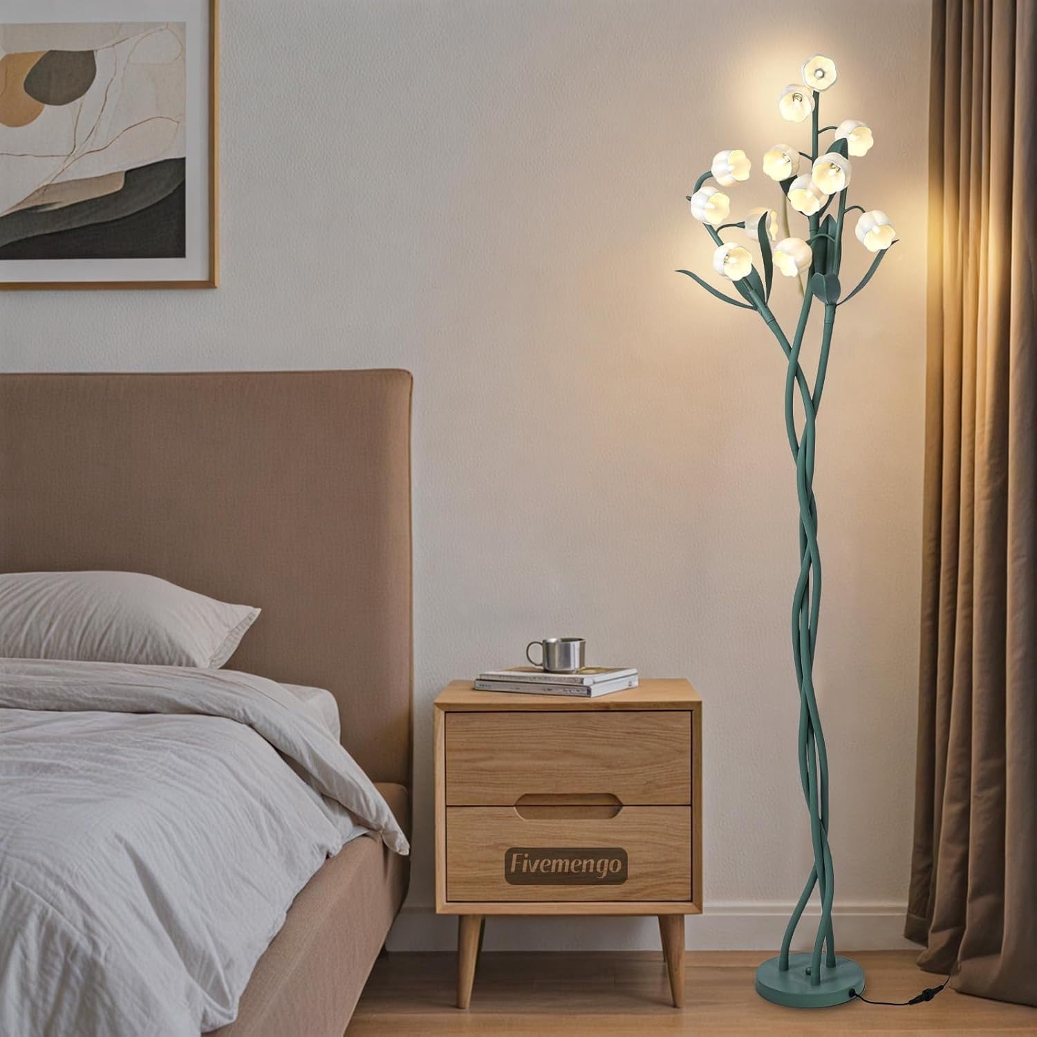 12 Heads Flower Floor Lamp, Lily of The Valley Green Flower Lamp, 63-Inch 3 Flexible Stems Vintage Corner Standing Cute Tall Light for Living Room Kids Girls Bedroom, Bulbs Included
