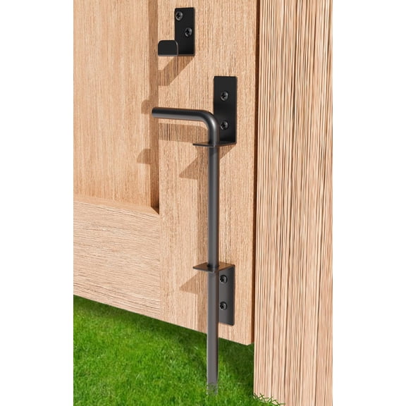 12" Heavy Duty Cane Bolt Gate Drop Rod Extra Thick Hardware Ground Latch for Wood PVC Vinyl Metal Fences Gates, Double Doors, Black Solid Steel-1 Pack