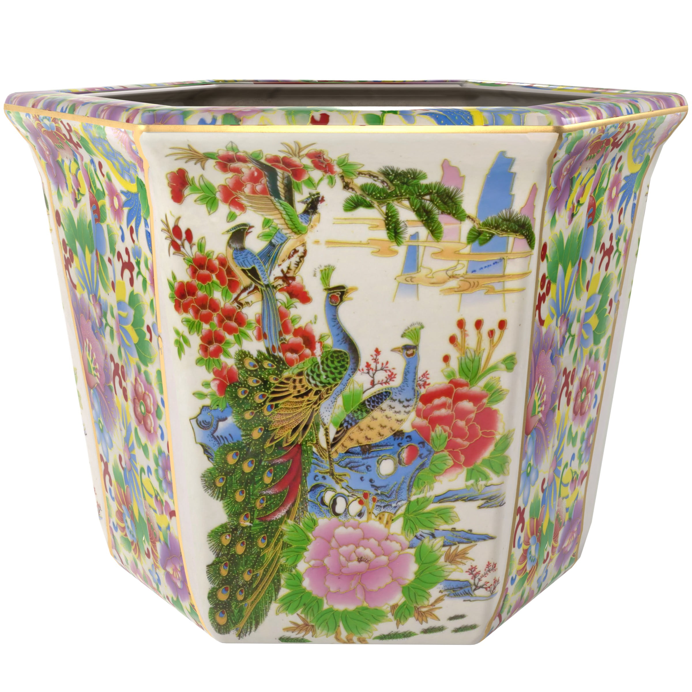 12" Hexagonal Flower Pot - Satsuma Peacock