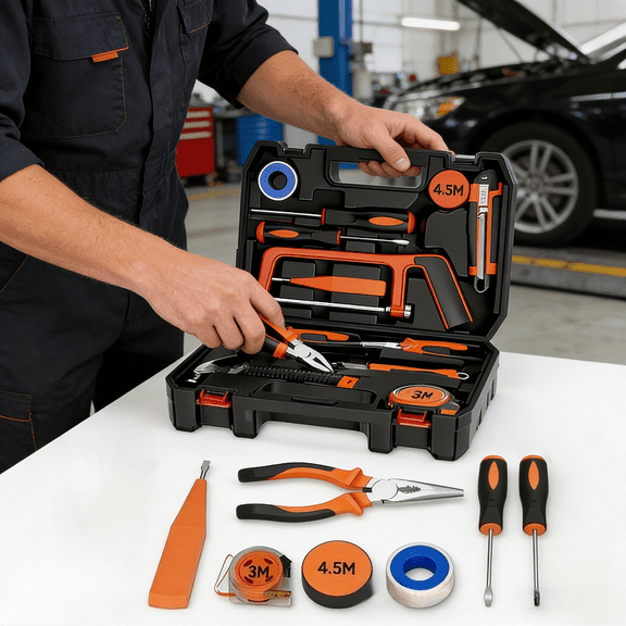 12 High-Aesthetic Orange Home Tool Box Set, Home Repair Tool Kit, Orange Portable Tool Box with Hammer, Pliers, Wrench and Other Tools, Suitable for Home, Car and Workshop Repair, Ideal for Gifting