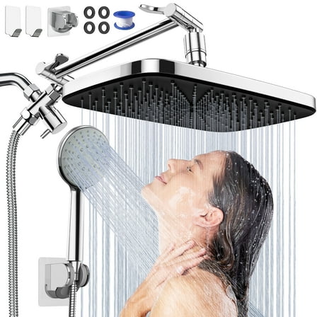 Cshidworld 12" High Pressure Rain Shower Head Combo with Adjustable Extension Arm, Dual Showerhead with 5 Setting Spray Handheld Shower head, Wide Rainfall Shower head with 59" Hose, Silver Chrome