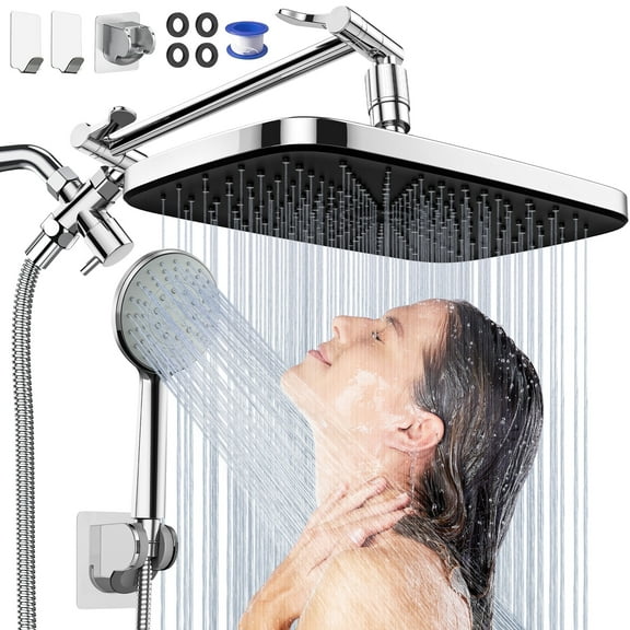 Cshidworld 12" High Pressure Rain Shower Head Combo with Adjustable Extension Arm, Dual Showerhead with 5 Setting Spray Handheld Shower head, Wide Rainfall Shower head with 59" Hose, Silver Chrome