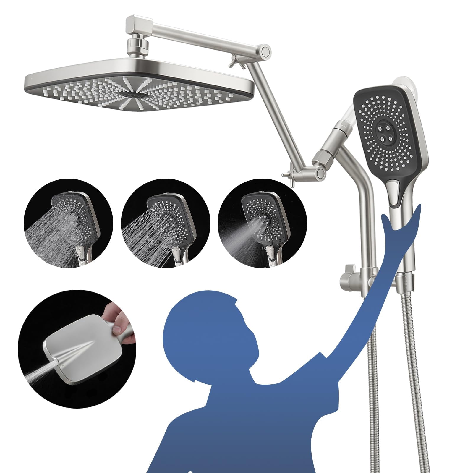 12" High Rain/rainfall Shower Heads With Handheld Spray Combo (3+1 Settings & Built-in Power Wash Mode)  Double/dual Head - Height/angle Adjustable(brushed Nickel)