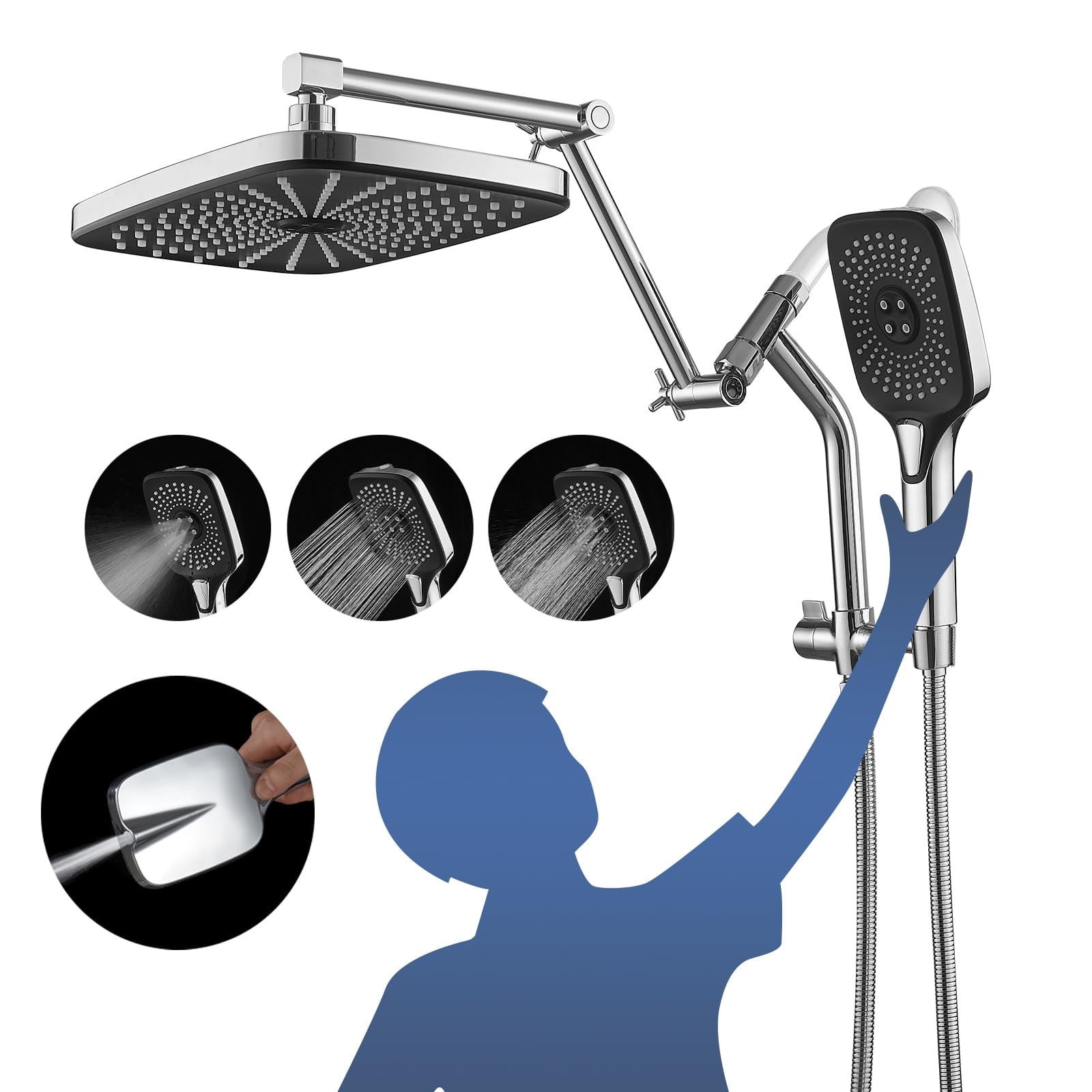 12" High Rain/rainfall Shower Heads With Handheld Spray Combo (3+1 Settings & Built-in Power Wash Mode)  Double/dual Head - Height/angle Adjustable(polished Chrome)