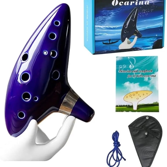 12 Hole Ceramic Ocarina in C Major, Alto Tone Wind Instrument with Smooth Sound Quality, Professional Style Ocarina Flute for Beginners, Music Practice, Performance and Gift