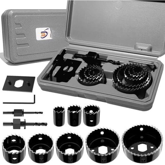 12- Hole Kit, Includes 8 Sizes (3/4" to 2-1/2"), Arbors, Drill Bits, and Hex Key, for Softwood, Plywood, and PVC (Black)