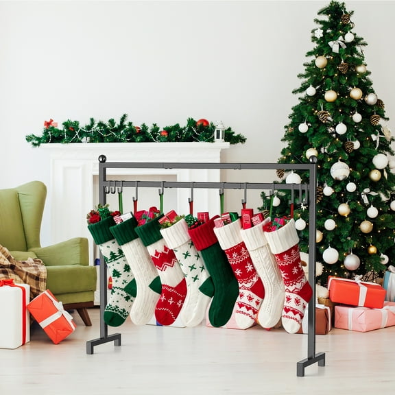 12-Hook Christmas Stocking Holder for Floor, Living Room Home Decor, Holiday Decoration Hanger, Removable Iron Metal Freestanding Shelf with Sturdy Base - 46" x 39"