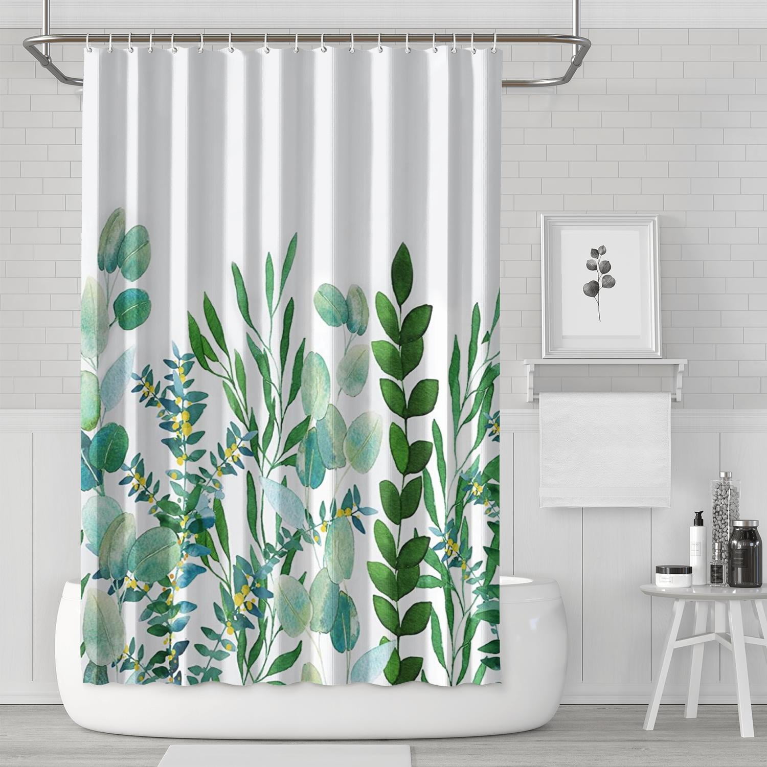 12 Hook Shower Curtain with Snap Green Leaf Shower Curtain with See