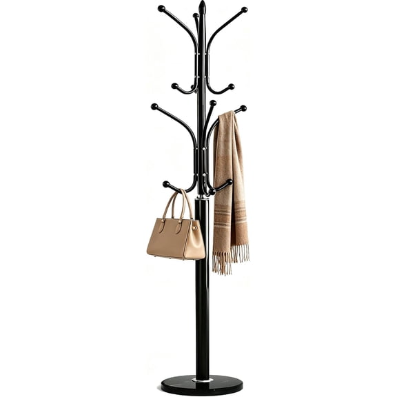 12 Hooks Metal Coat Rack Freestanding Coat Tree with Marble Base, Heavy Duty Coat Rack Stand for Clothes Hats Bags, Coat Hanger Stand for Corner Entryway Bedroom Office (Black)