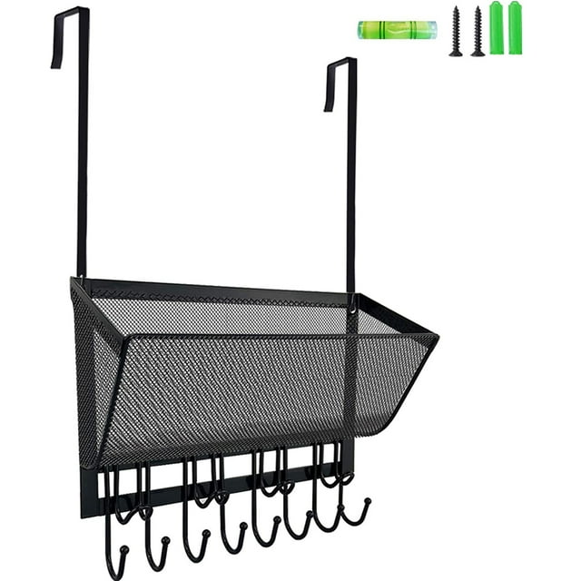 12 Hooks Over The Door Hooks Coat Rack with Wire Mesh Basket, Black Wall Mount Storage Organizer