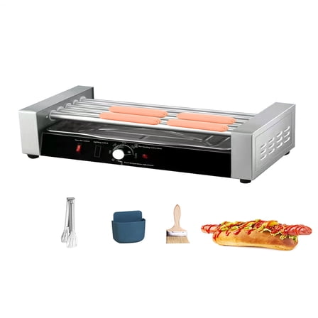 Hot Dog Roller 5 Rollers 12 Hot Dogs Capacity 850W Stainless Sausage Grill Cooker Machine Warmer Shelf Removable Oil Drip Tray