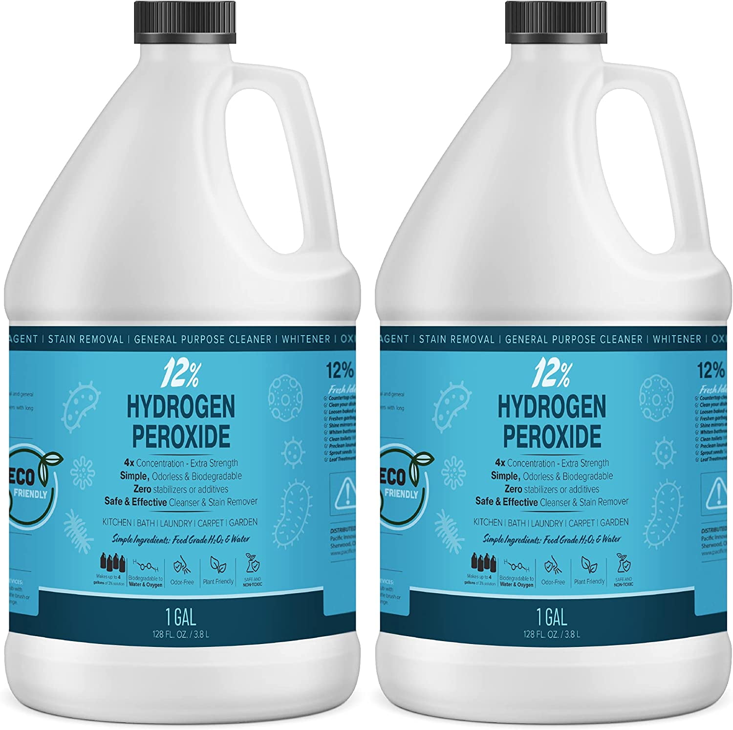 12% Hydrogen Peroxide Solution - (Just Food-Grade H2O2 & Water!) - Ecofriendly Natural Cleaning Solution for Kitchen, Bath, Laundry, and More - HDPE Bottle with Child-Safe Cap USA Made