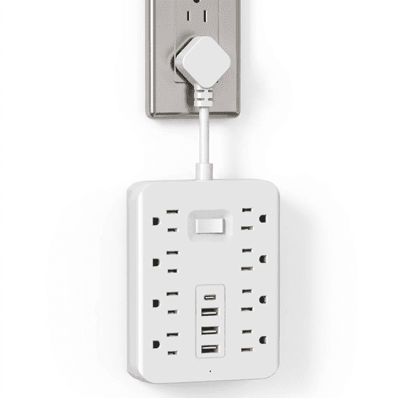 12-IN-1 Outlet Extender with 8 AC Outlets, 3 USB-A & 1 USB-C Ports, 1700J Surge Protection, Short Circuit Design, Stable Wall Charger for Home, Office, Dorm
